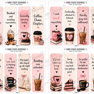Può includere: Un set di segnalibri rosa e bianchi con citazioni umoristiche sulla lettura e il caffè. Ogni segnalibro presenta illustrazioni di tazze di caffè, libri e dessert. Il testo include frasi come "Solo un altro capitolo" e "Caffè. Caos. Capitoli."