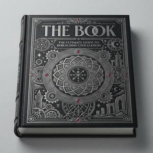 Puede incluir: Un libro de tapa dura titulado "THE BOOK" con intrincados adornos plateados y rojos sobre una cubierta negra. El diseño incluye una rosa de los vientos, engranajes y elementos arquitectónicos. El subtítulo dice "THE ULTIMATE GUIDE TO REBUILDING CIVILIZATION."