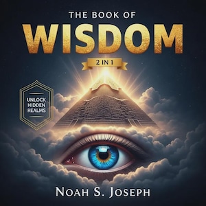 Op de afbeelding: Boekomslag voor "The Book of Wisdom" met gouden letters en een piramide-illustratie. De afbeelding toont een groot oog met een blauwe iris, omringd door wolken. Tekst bevat "2 in 1", "Unlock Hidden Realms" en de naam van de auteur, Noah S. Joseph.
