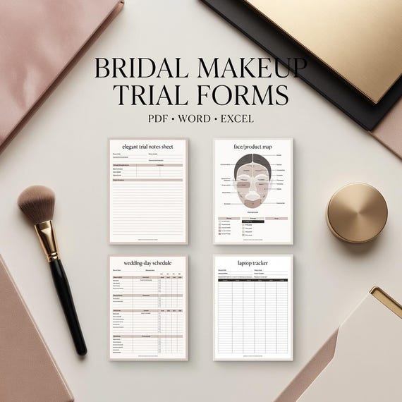 Bridal Makeup Trial Form Bundle, Makeup Artist Consultation Wedding Day Schedule PDF Word Excel. Styled digital download cover.