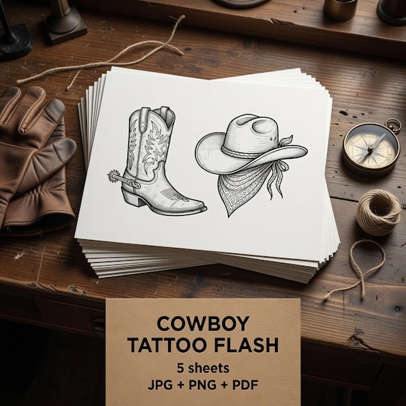 Cowboy Tattoo Flash Sheets, Fine Line Western Boot Hat Stencil JPG PNG fine-line tattoo flash preview 1