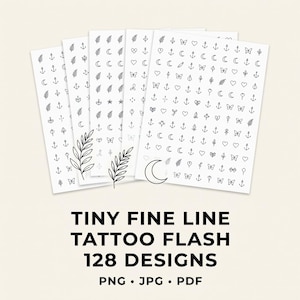 Tattoo-Flash-Bundle mit feinen Linien, 128 minimalistische Designs, druckbare PNG-, JPG- und PDF-Dateien