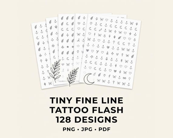 Tiny fine line tattoo flash bundle with 128 designs in PNG JPG and PDF formats