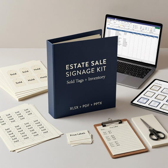 Estate Sale Signage Kit, Sold Hold Tags, Price Labels and Inventory Tracker