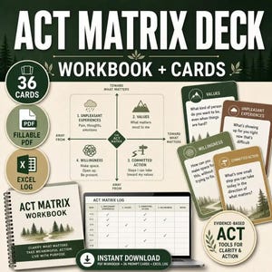 Op de afbeelding: ACT Matrix Deck werkboek en kaartenset met een centraal diagram in vier kwadranten: onplezierige ervaringen, waarden, bereidheid en toegewijde actie. Bevat 36 kaarten, een invulbare PDF, een Excel-logboek en een spiraalgebonden werkboek.