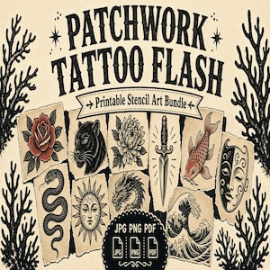 Patchwork Tattoo Flash Sheet Bundle, Printable JPG PNG Tattoo Stencil Art | Printable PDF
