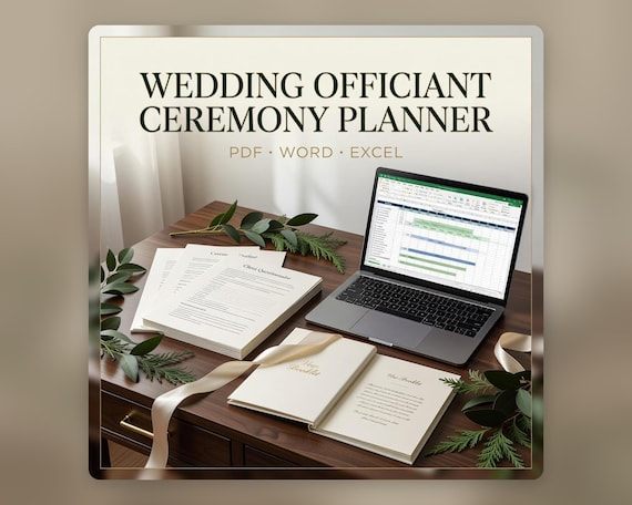 Wedding Officiant Ceremony Planner, Client Questionnaire Script Builder Rehearsal Timeline PDF Word Excel. Styled digital download cover.