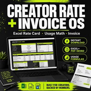 May include: A digital product bundle titled Creator Rate + Invoice OS featuring an Excel rate card, usage math, and invoice templates. The display shows a laptop screen with spreadsheet data, a black mug, a notebook, and a printed invoice document.