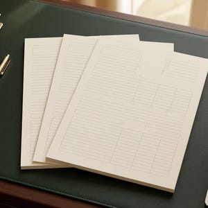May include: A stack of three cream-colored paper sheets featuring a printed grid and line layout for organization. The sheets are positioned centrally, accompanied by a dark green leather-bound planner, a gold-toned pen, and a laptop screen.