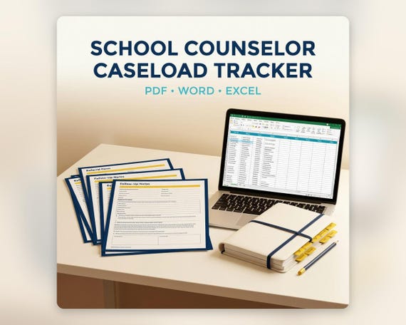 School Counselor Caseload Tracker, Student Referral Session Follow Up Spreadsheet PDF Word Excel. Styled digital download cover.