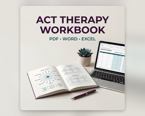 Acceptance and Commitment Therapy Worksheets, ACT Values Defusion and Flexibility Workbook PDF Word Excel. Styled digital download cover.