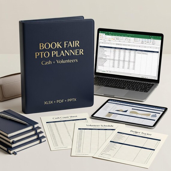 PTO Book Fair Planner, Cash Count Sheet, Volunteer Schedule and Budget Tracker