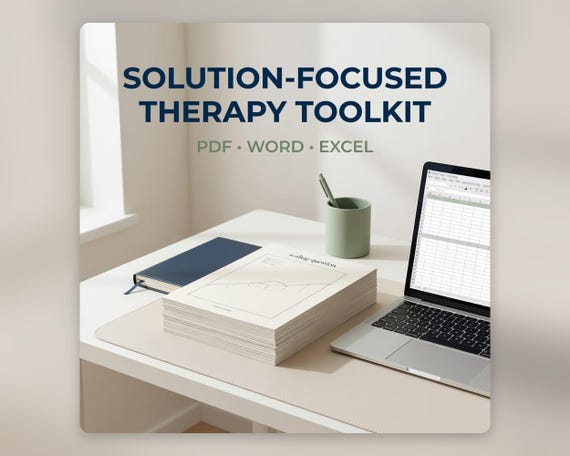Solution Focused Brief Therapy Worksheets, SFBT Miracle Question and Scaling Toolkit PDF Word Excel. Styled digital download cover.