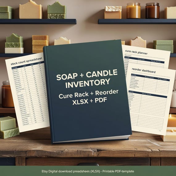 Soap and Candle Inventory Tracker Spreadsheet, Cure Rack and Reorder Planner