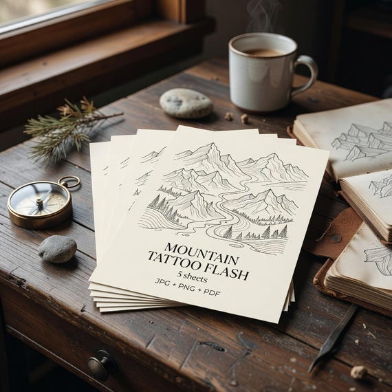 Mountain Tattoo Flash Sheets, Fine Line Adventure Nature Stencil JPG PNG fine-line tattoo flash preview 1
