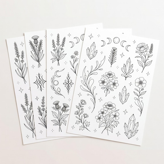 Witchcore Botanical Tattoo Flash Sheets, Fine Line Moon Floral Stencil JPG PNG Bundle preview 1