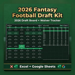Feuille de calcul du kit de repêchage Fantasy Football 2026, tableau de repêchage d'enchères, composition et outil de suivi des renonciations Excel