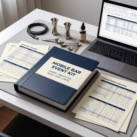 Mobile Bar Event Order Form, Bartender Checklist and Cocktail Batch Calculator
