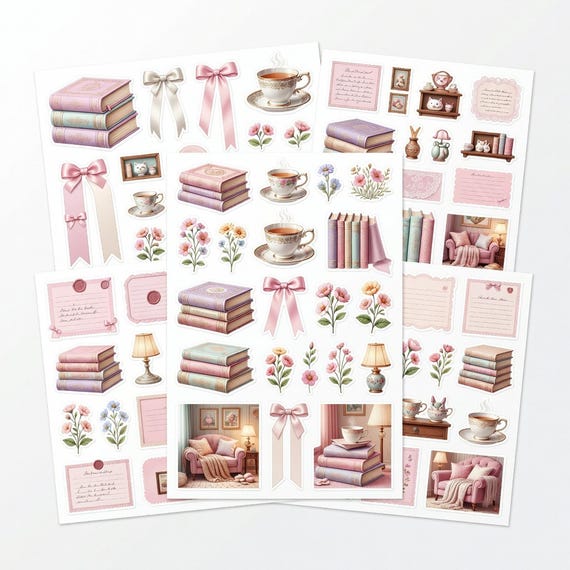 Bookish Coquette Clipart PNG Sheet Bundle, Bows Books and Shelf Sticker Art preview 1