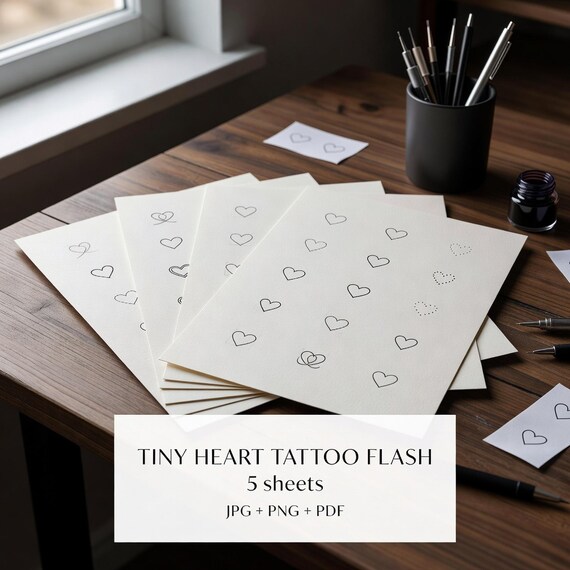 Minimal Heart Tattoo Flash Sheets, Tiny Fine Line Love Stencil JPG PNG fine-line tattoo flash preview 1