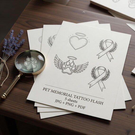Pet Memorial Tattoo Flash Sheets, Fine Line Paw Angel Stencil JPG PNG fine-line tattoo flash preview 1
