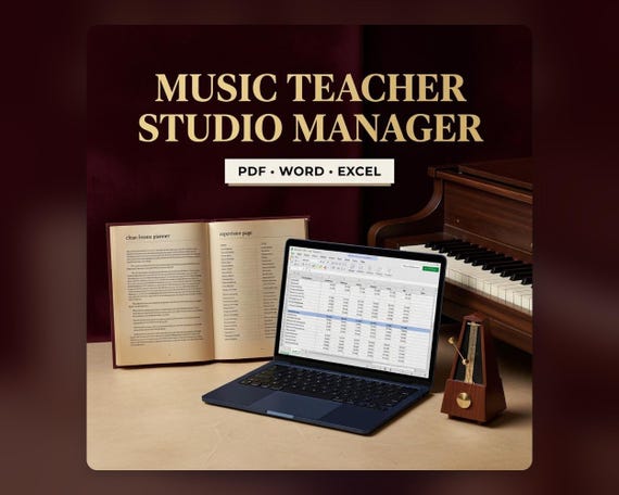 Music Teacher Studio Manager, Piano Lesson Attendance Progress and Payment Tracker PDF Word Excel. Styled digital download cover.