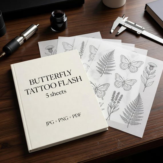Butterfly Botanical Tattoo Flash Sheets, Fine Line Floral Stencil JPG PNG fine-line tattoo flash preview 1