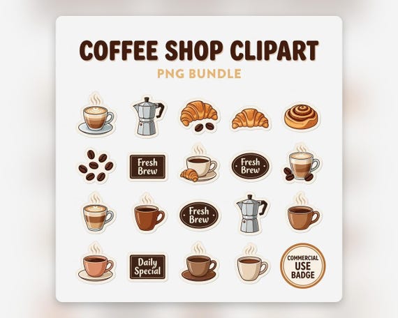 Coffee Shop Clipart PNG Bundle, Cafe Latte Mug Sticker Art Commercial Use preview image from SteadyStackStudio