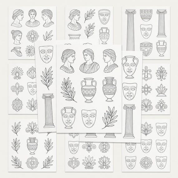Greek Mythology Tattoo Flash Sheets, Goddess Statue Blackwork Stencil JPG PNG preview 1
