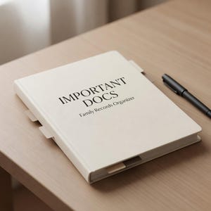 May include: A cream-colored document organizer with the text IMPORTANT DOCS Family Records Organizer printed in black on the front cover. The organizer features several small, protruding tabs along the side and is accompanied by a black pen.