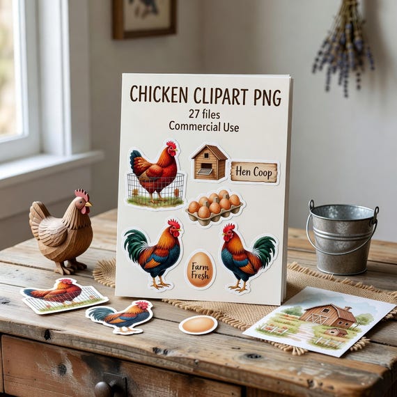 Farmhouse Chicken Clipart PNG Bundle, Hen Coop Egg Sticker Art Commercial Use transparent PNG clipart preview 1