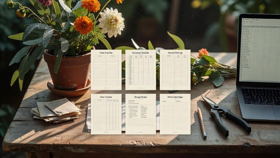 Flower Farmer Spreadsheet, Crop Plan Harvest Log Bouquet Recipes and Sales Tracker PDF Excel. Styled digital download cover.