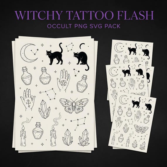 Witchy Tattoo Flash Sheet Bundle, Occult Moon Cat Printable JPG PNG Stencils preview image from SteadyStackStudio