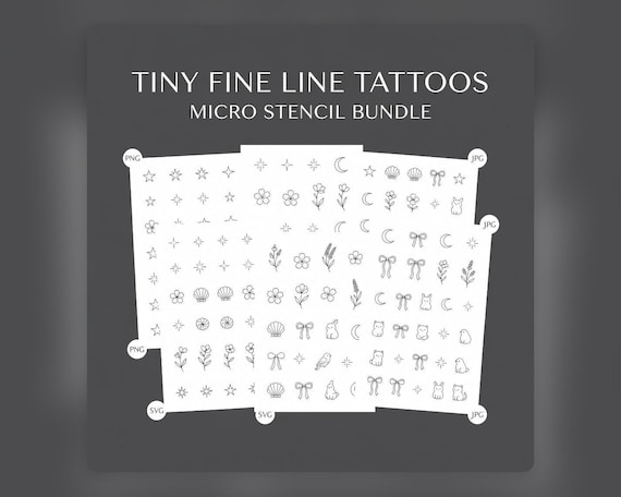 Tiny Fine Line Tattoo Flash Bundle, 128 Minimal Designs, Printable PNG JPG PDF preview image from SteadyStackStudio