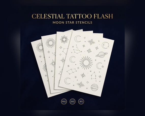 Celestial Tattoo Flash Sheets, Moon Star Sun Printable JPG PNG Stencil Bundle preview image from SteadyStackStudio