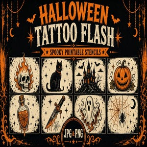 Spooky Halloween Tattoo Flash Sheets, Ghost Bat Pumpkin Printable JPG PNG Bundle | Printable PDF