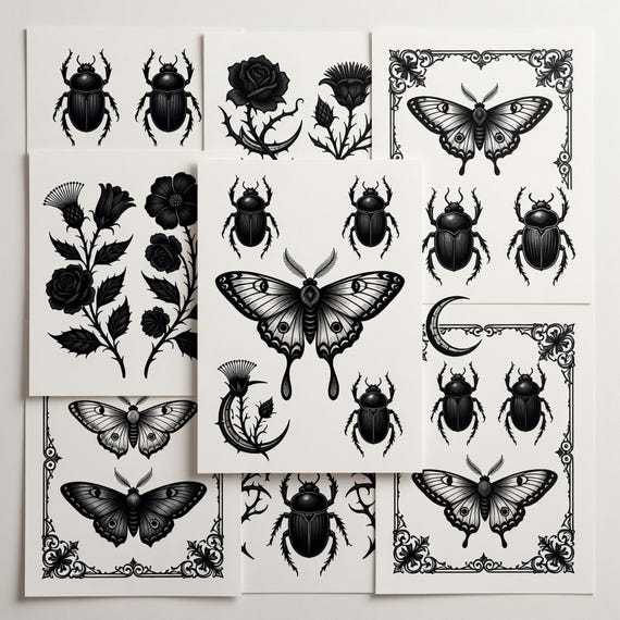 Gothic Moth Tattoo Flash Sheets, Dark Floral Insect Blackwork Stencil JPG PNG preview 1