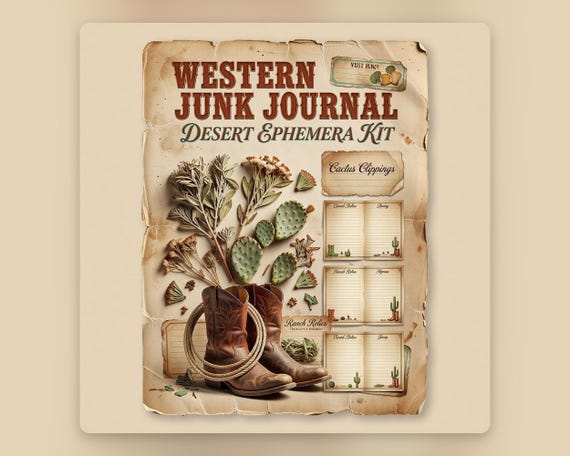 Western Cowgirl Junk Journal Kit, Printable Vintage Desert Ephemera Pages preview image from SteadyStackStudio