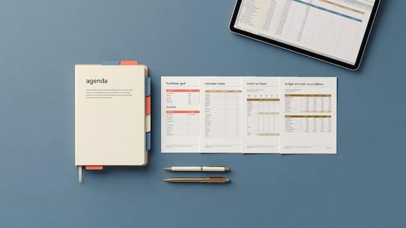 PTA PTO Planner, Meeting Agenda Fundraiser Budget Volunteer and Event Tracker PDF Word Excel. Styled digital download cover.