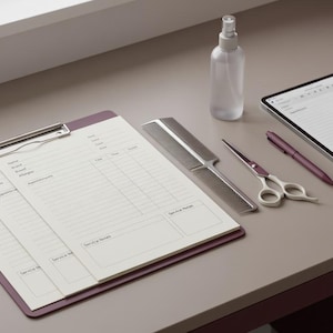 May include: A dark purple clipboard holding white service forms, a silver metal hair comb, silver hair cutting shears, a dark purple pen, and a tablet displaying a digital form. The items are arranged on a flat surface for professional use.