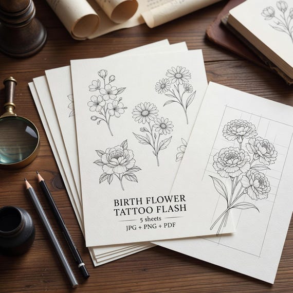 Birth Flower Tattoo Flash Sheets, Fine Line Floral Month Stencil JPG PNG fine-line tattoo flash preview 1
