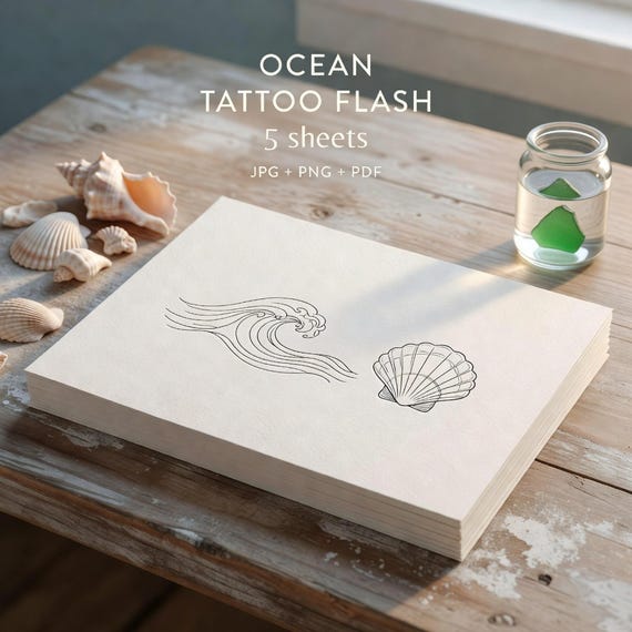 Fine Line Ocean Tattoo Flash Sheets, Wave Shell Minimal Stencil JPG PNG fine-line tattoo flash preview 1