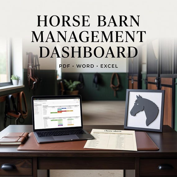 Horse Barn Management Spreadsheet, Equine Care Chore Feed Farrier Expense Tracker PDF Word Excel. Styled digital download cover.