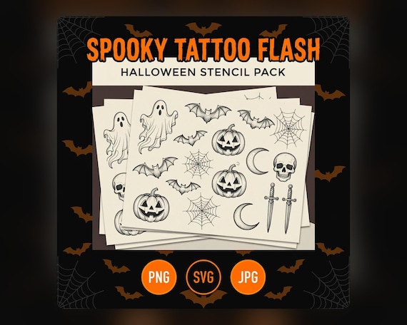 Spooky Halloween Tattoo Flash Sheets, Ghost Bat Pumpkin Printable JPG PNG Bundle preview image from SteadyStackStudio