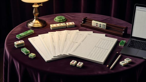 Mahjong Score Sheet Printable, Club Night Planner Player Rotation and Host Tracker PDF Excel. Styled digital download cover.