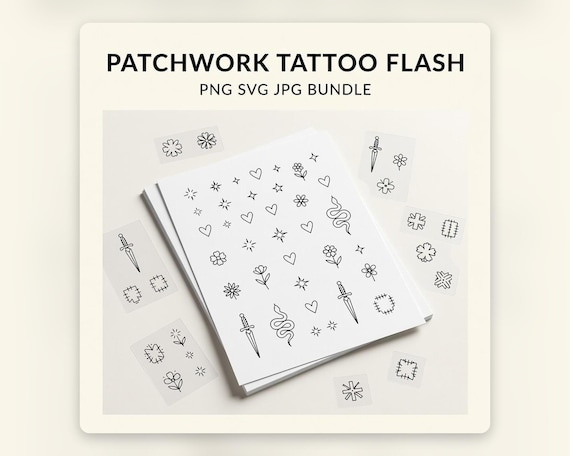 Patchwork Tattoo Flash Sheet Bundle, Printable JPG PNG Tattoo Stencil Art preview image from SteadyStackStudio
