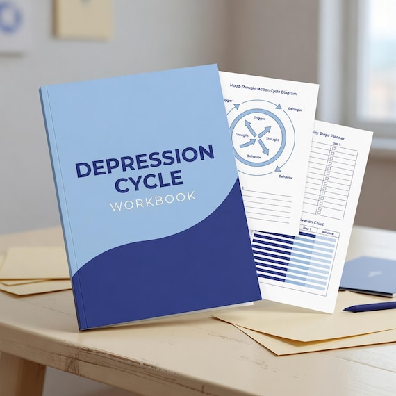 Depression Cycle Workbook, CBT Behavioral Activation Worksheets Printable Therapy PDF actual PDF cover preview