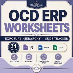 May include: A digital document titled OCD ERP WORKSHEETS EXPOSURE HIERARCHY SUDS TRACKER by STEADYSTACK STUDIO. It features 24 pages, includes fillable PDF, Word, and Excel formats, and icons for hierarchy, SUDS log, educational only, and instant download.