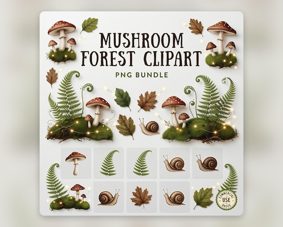 Mushroom Forest Clipart PNG Bundle, Cottagecore Fungi Sticker Art Commercial Use preview image from SteadyStackStudio