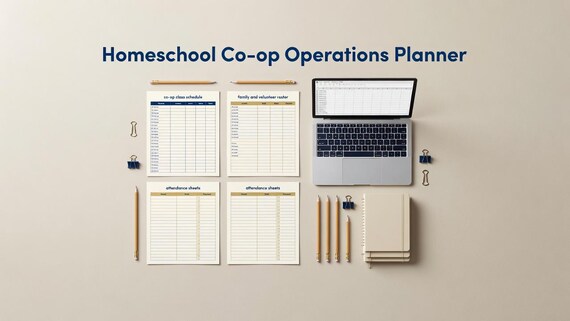 Homeschool Co Op Planner, Class Schedule Volunteer Roster and Operations Bundle PDF Word Excel. Styled digital download cover.